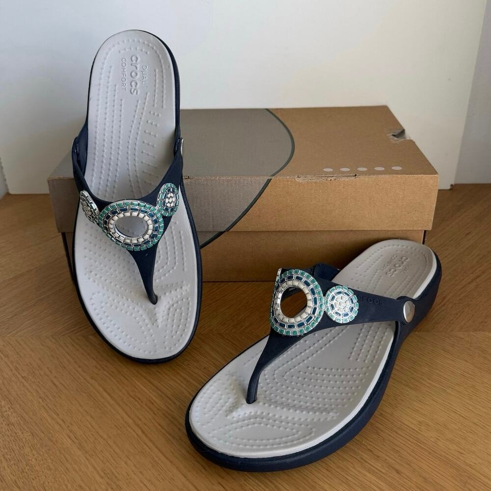 Crocs SANRAH Diamante Navy/Turquoise Embellished Women Wedge Sandals- SZ 9